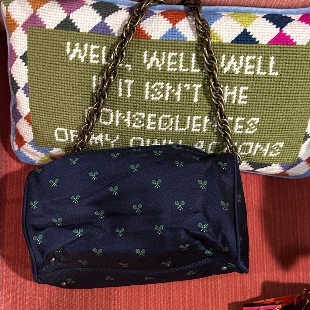 J. Crew tennis motif vintage silk Navy Blue Bag with Chain Strap Y2K - Picture 1 of 6